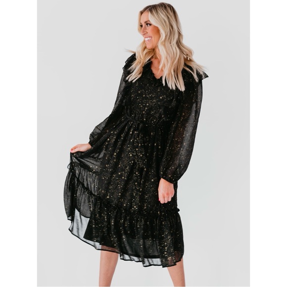 By The River Dresses & Skirts - NWOT By The River Star Print Shirred Chiffon Ruffle Midi Long Sleeve Dress Black